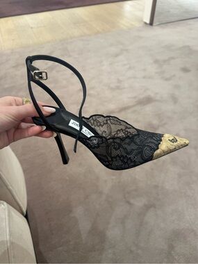 Jimmy Choo Black Lace Faiz Slingback Heel with Gold Toe